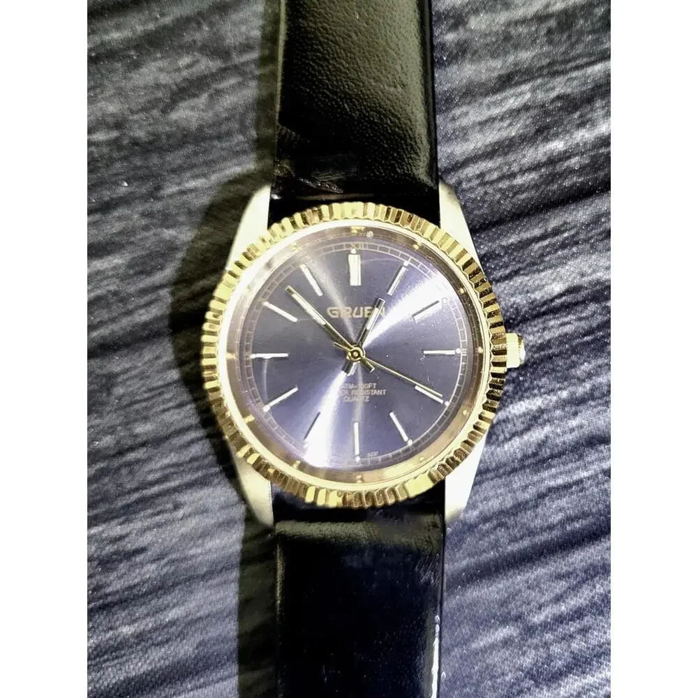 Rare Gruen 2 Tone Mens Dress Watch Satin Dial Fluted Bezel‎